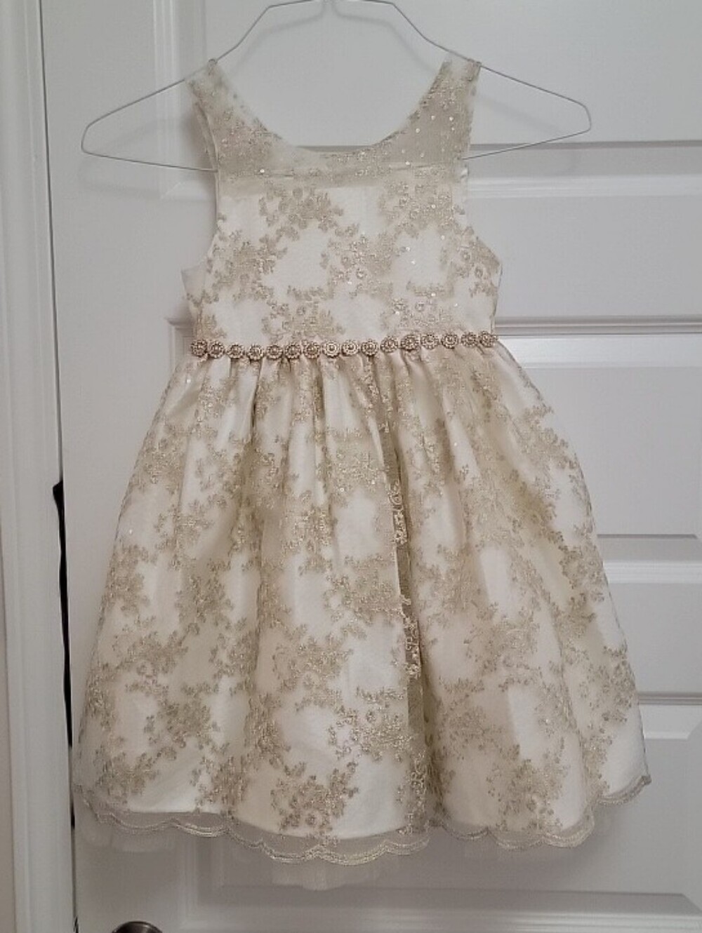 American Princess Ivory and Gold Lace Floral Waistband Party Dress 6